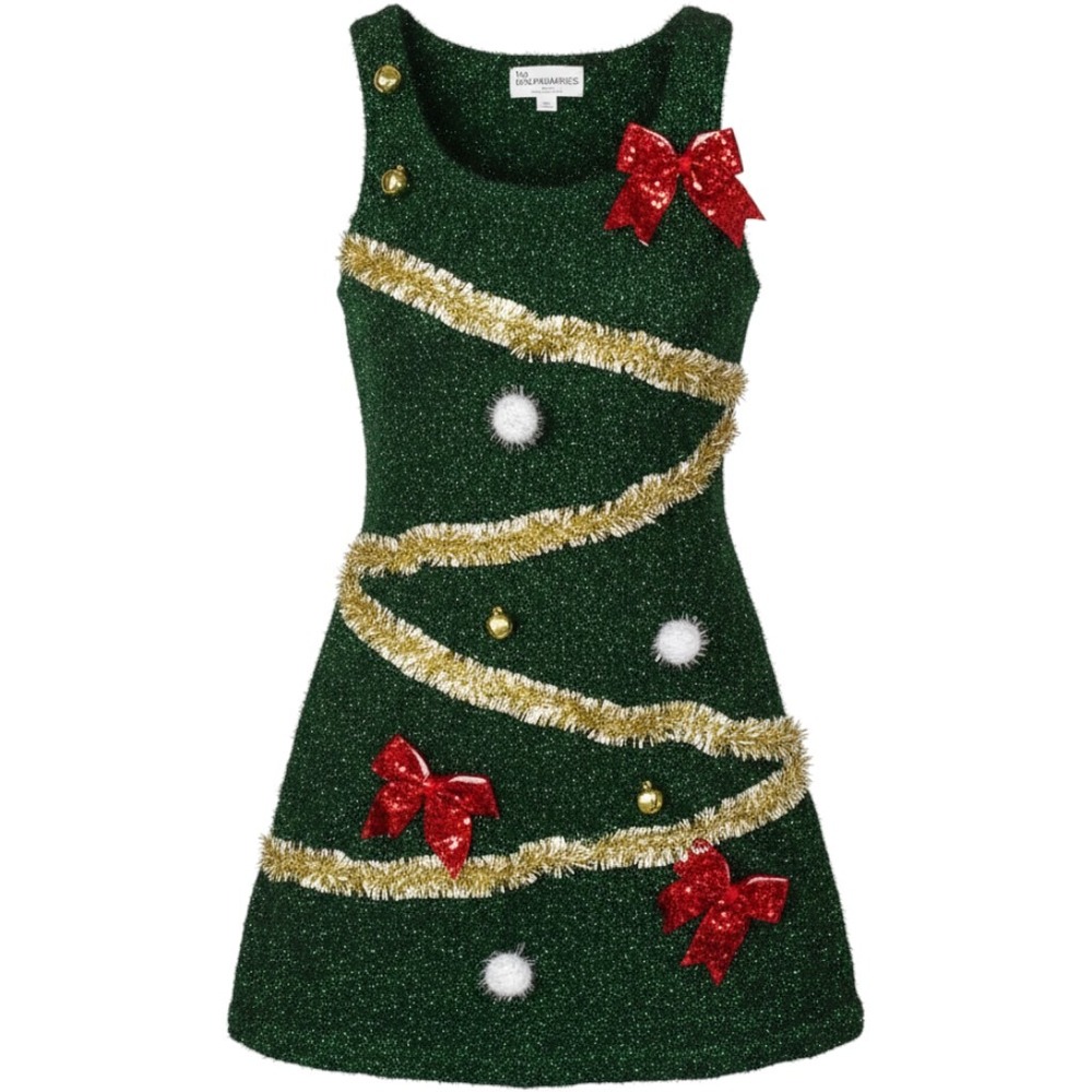 Christmas Tree Mini Dress Green Tinsel Sequin Bows Large